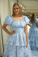Load image into Gallery viewer, Light Blue Printed A Line Long Tiered Corset Prom Dress