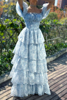 Load image into Gallery viewer, Light Blue Printed A Line Long Tiered Corset Prom Dress