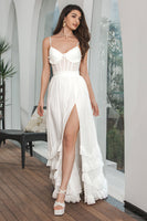 Load image into Gallery viewer, Simple White Ruffled Chiffon Corset Maxi Graduation Dress with Slit