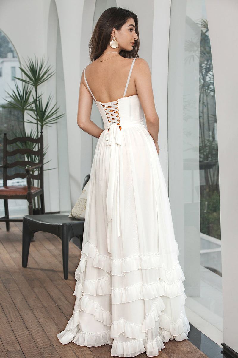 Load image into Gallery viewer, Simple White Ruffled Chiffon Corset Maxi Graduation Dress with Slit