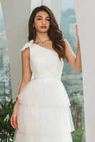 Load image into Gallery viewer, One Shoulder Tiered White Midi Graduation Dress with Bow