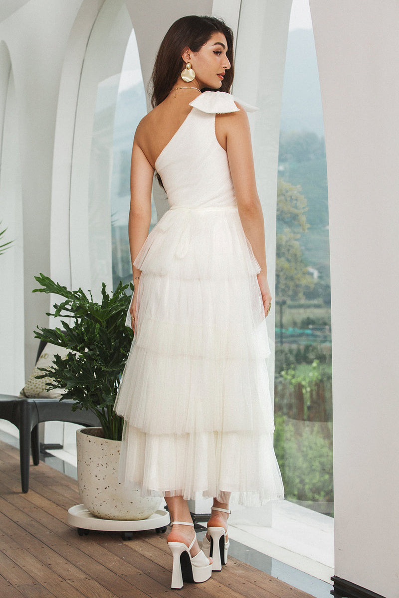 Load image into Gallery viewer, One Shoulder Tiered White Midi Graduation Dress with Bow
