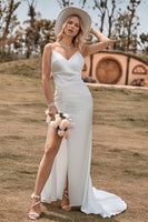 Load image into Gallery viewer, Ivory Boho Satin Simple Mermaid Wedding Dress with Slit