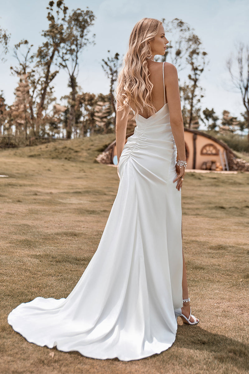Load image into Gallery viewer, Ivory Boho Satin Simple Mermaid Wedding Dress with Slit