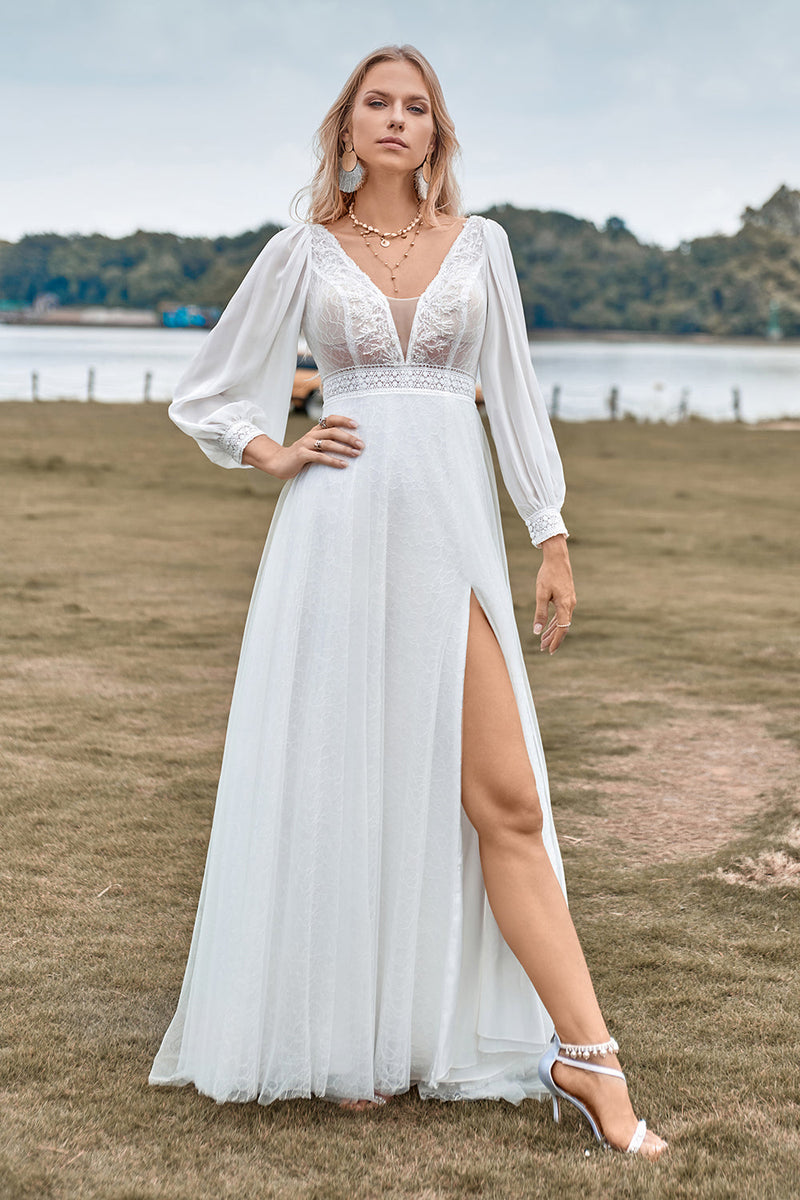 Load image into Gallery viewer, A-Line Tulle Beaded Ivory Wedding Dress with Long Sleeves