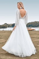 Load image into Gallery viewer, A-Line Tulle Beaded Ivory Wedding Dress with Long Sleeves