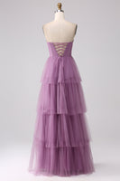 Load image into Gallery viewer, Purple A Line Tulle Tiered Pleated Long Prom Dress with Slit