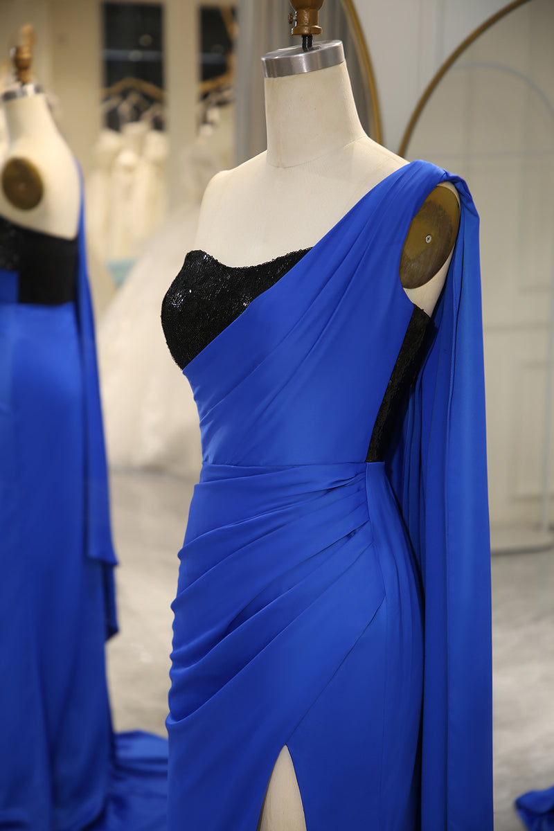 Load image into Gallery viewer, Mermaid Royal Blue One Shoulder Satin Prom Dress with Slit