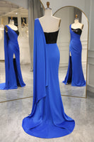 Load image into Gallery viewer, Mermaid Royal Blue One Shoulder Satin Prom Dress with Slit