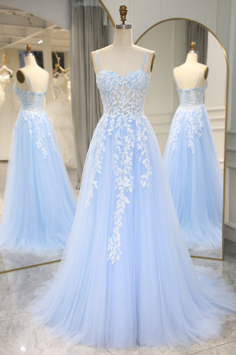 Load image into Gallery viewer, A-Line Sky Blue Tulle Spaghetti Straps Prom Dress with Appliques