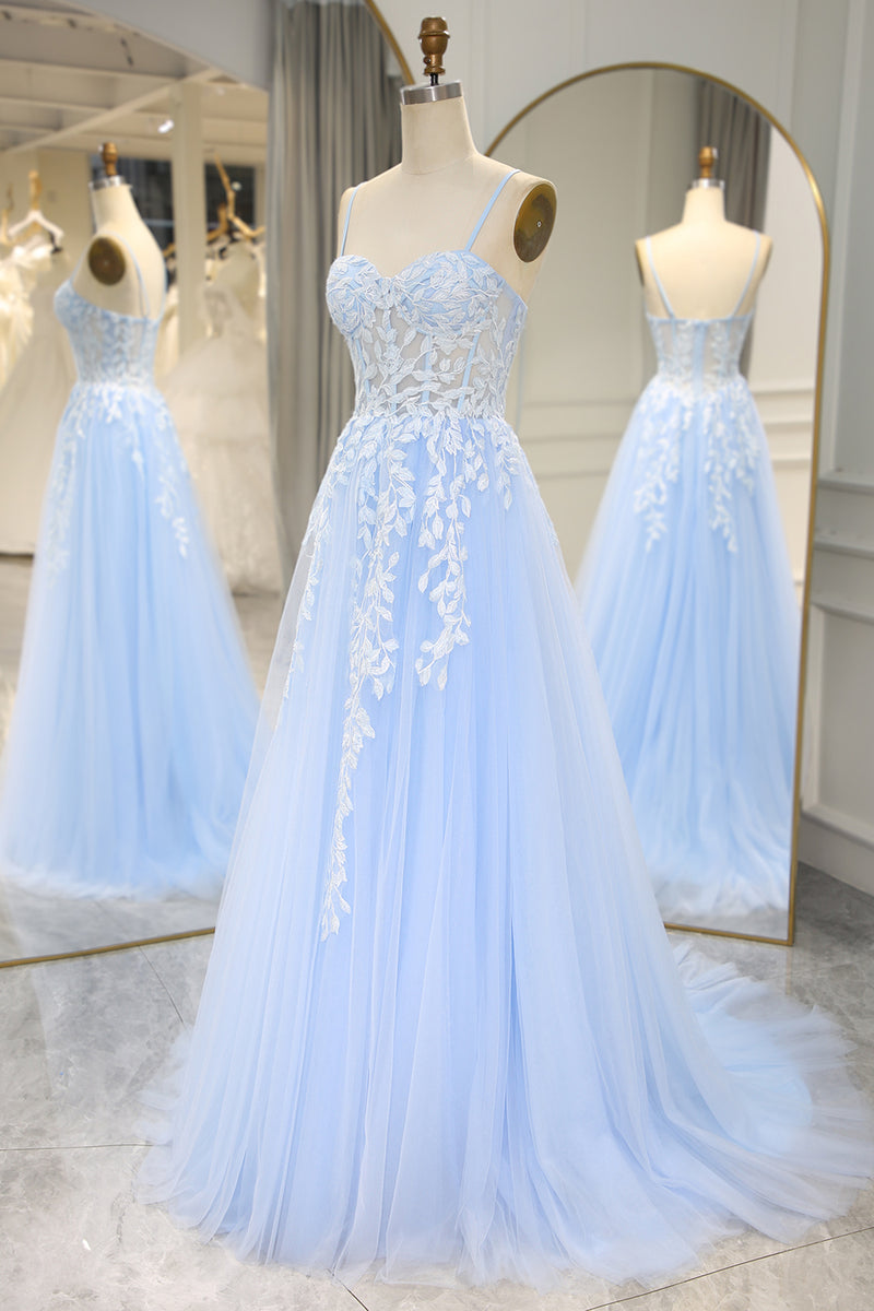 Load image into Gallery viewer, A-Line Sky Blue Tulle Spaghetti Straps Prom Dress with Appliques