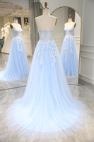 Load image into Gallery viewer, A-Line Sky Blue Tulle Spaghetti Straps Prom Dress with Appliques