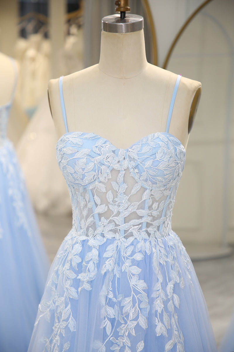 Load image into Gallery viewer, A-Line Sky Blue Tulle Spaghetti Straps Prom Dress with Appliques