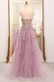 Mauve A-Line Spaghetti Straps Tulle Prom Dress with Appliques