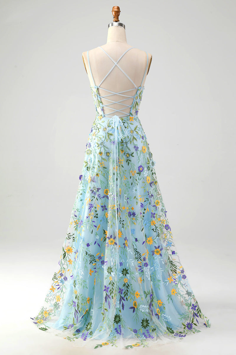 Load image into Gallery viewer, Blue Flower A Line Spaghetti Straps Corset Prom Dress with Slit