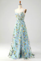 Load image into Gallery viewer, Blue Flower A Line Spaghetti Straps Corset Prom Dress with Slit