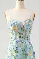 Load image into Gallery viewer, Blue Flower A Line Spaghetti Straps Corset Prom Dress with Slit
