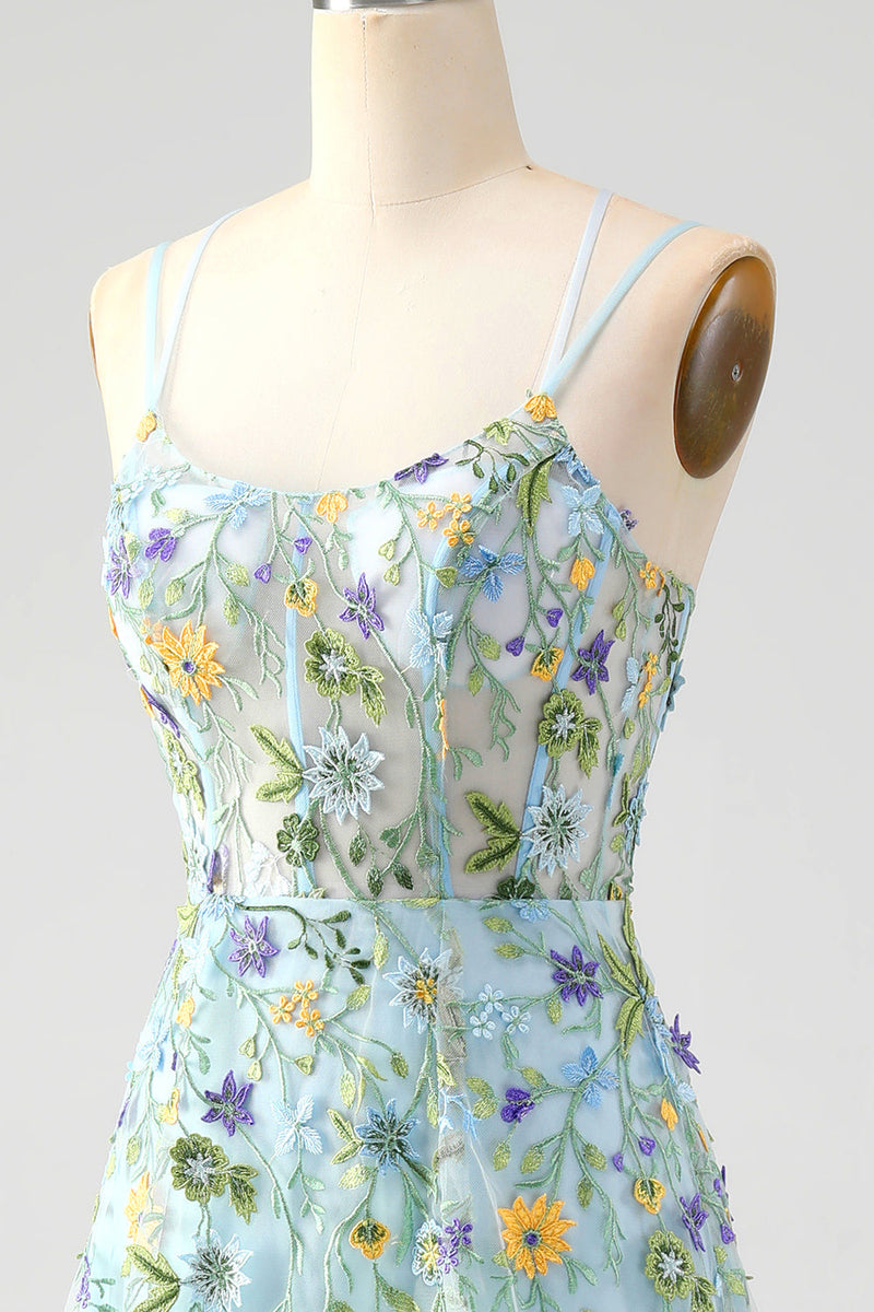 Load image into Gallery viewer, Blue Flower A Line Spaghetti Straps Corset Prom Dress with Slit