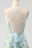 Load image into Gallery viewer, Blue Flower A Line Spaghetti Straps Corset Prom Dress with Slit