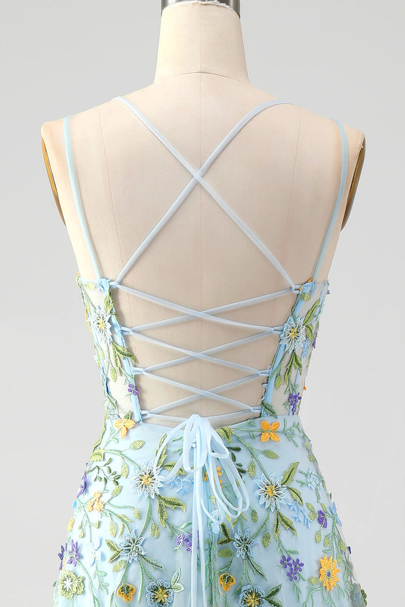 Load image into Gallery viewer, Blue Flower A Line Spaghetti Straps Corset Prom Dress with Slit