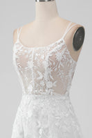 Load image into Gallery viewer, Ivory A Line Spaghetti Straps Applique Lace Corset Wedding Dress with Slit