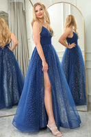 Load image into Gallery viewer, Glitter Navy A-line Spaghetti Strap Tulle Long Prom Dress with Slit