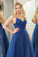 Load image into Gallery viewer, Glitter Navy A-line Spaghetti Strap Tulle Long Prom Dress with Slit