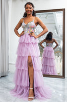 Load image into Gallery viewer, A-Line Mauve Spaghetti Straps Tulle Corset Prom Dress with Slit