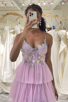 Load image into Gallery viewer, Mauve A-Line Spaghetti Straps Tulle Corset Prom Dress with Slit