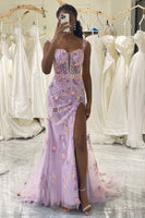 Load image into Gallery viewer, Mauve Mermaid Tulle Applique Corset Prom Dress with Slit