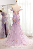 Load image into Gallery viewer, Purple Off the Shoulder Long Appliques Mermaid Prom Dress with Slit