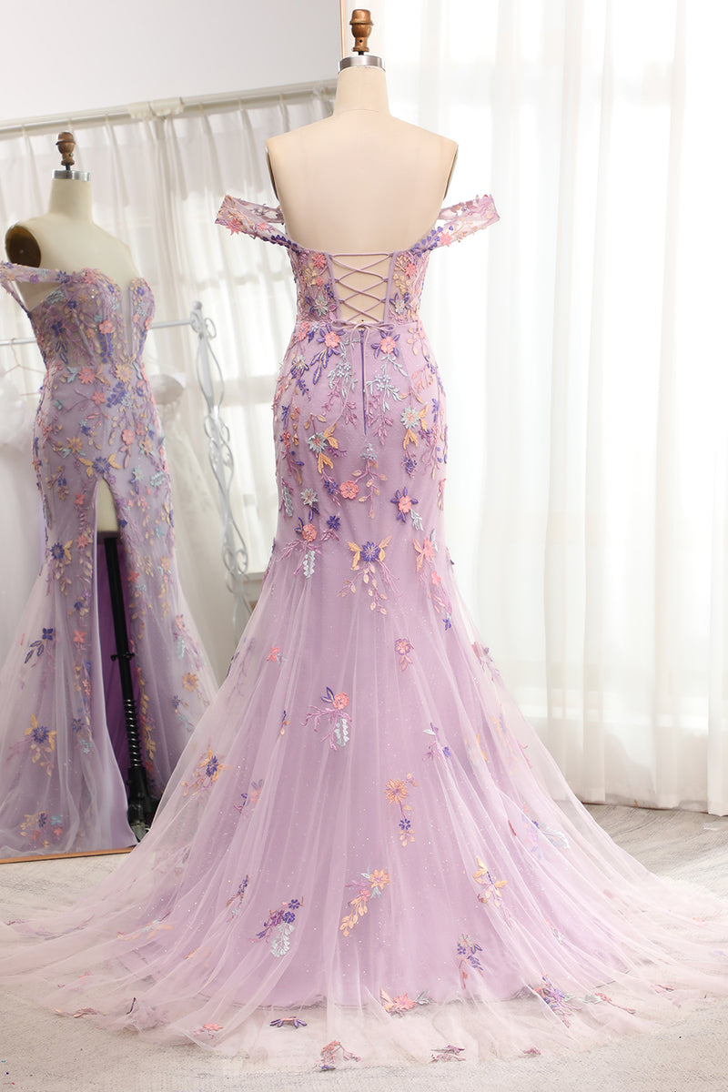 Load image into Gallery viewer, Purple Off the Shoulder Long Appliques Mermaid Prom Dress with Slit