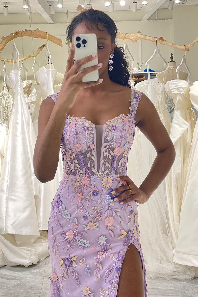 Load image into Gallery viewer, Mauve Mermaid Tulle Applique Corset Prom Dress with Slit