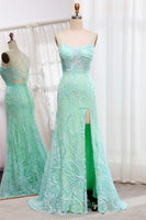 Load image into Gallery viewer, Green Mermaid Spaghetti Straps Sequins Long Prom Dress with Slit