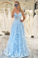 Load image into Gallery viewer, A-Line Sky Blue Spaghetti Straps Lace Corset Prom Dress