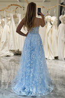 Load image into Gallery viewer, A-Line Sky Blue Spaghetti Straps Lace Corset Prom Dress