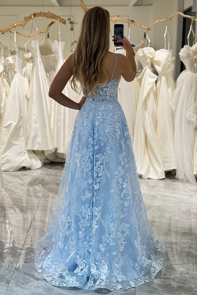 Load image into Gallery viewer, A-Line Sky Blue Spaghetti Straps Lace Corset Prom Dress