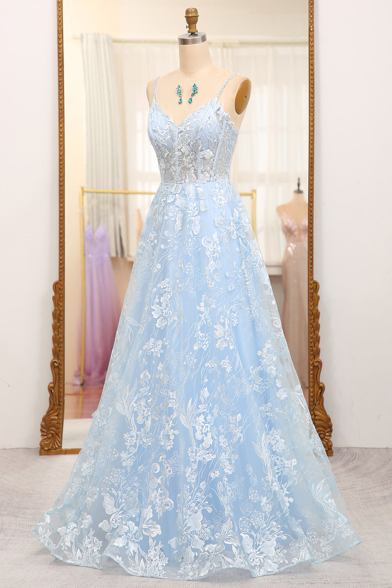 Load image into Gallery viewer, A-Line Sky Blue Spaghetti Straps Lace Corset Prom Dress