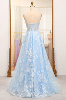 Load image into Gallery viewer, A-Line Sky Blue Spaghetti Straps Lace Corset Prom Dress
