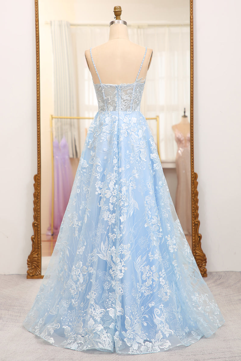 Load image into Gallery viewer, A-Line Sky Blue Spaghetti Straps Lace Corset Prom Dress