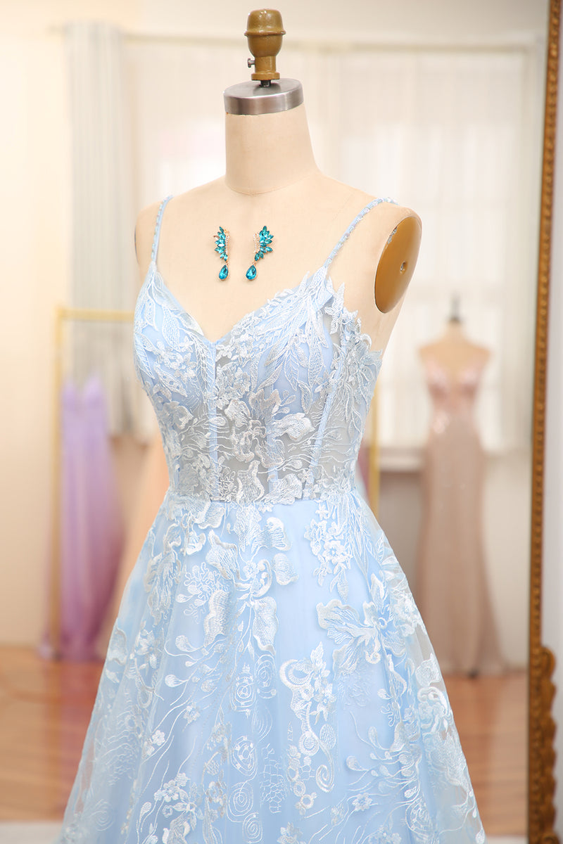 Load image into Gallery viewer, A-Line Sky Blue Spaghetti Straps Lace Corset Prom Dress