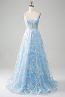 Load image into Gallery viewer, Sky Blue A-Line Spaghetti Straps Lace Corset Prom Dress