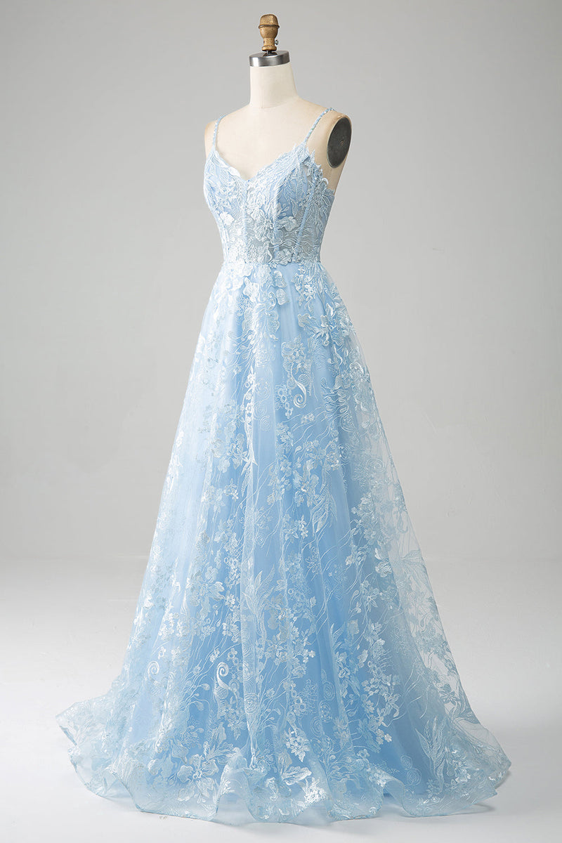 Load image into Gallery viewer, Sky Blue A-Line Spaghetti Straps Lace Corset Prom Dress