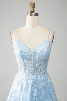 Load image into Gallery viewer, Sky Blue A-Line Spaghetti Straps Lace Corset Prom Dress