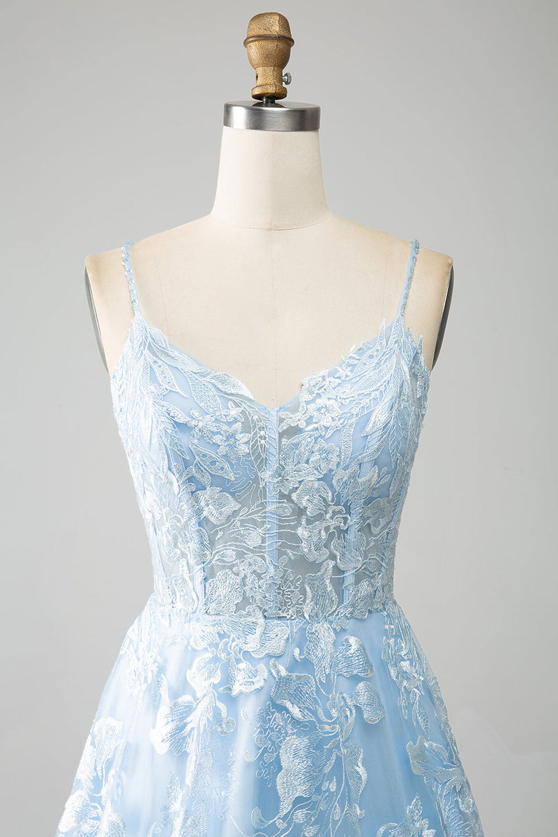 Load image into Gallery viewer, Sky Blue A-Line Spaghetti Straps Lace Corset Prom Dress