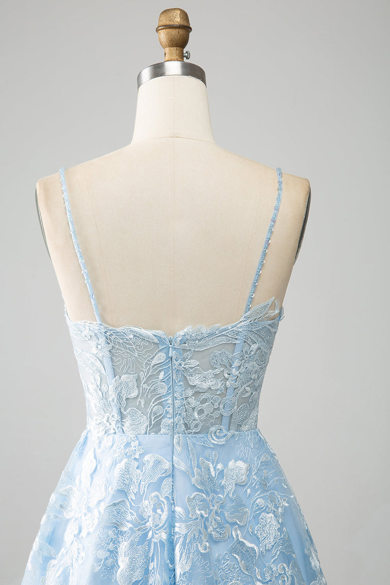 Load image into Gallery viewer, Sky Blue A-Line Spaghetti Straps Lace Corset Prom Dress