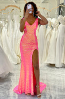 Load image into Gallery viewer, Sparkly Hot Pink Mermaid V-neck Long Sequin Prom Dress with Slit