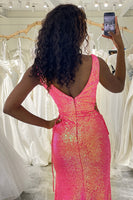 Load image into Gallery viewer, Sparkly Hot Pink Mermaid V-neck Long Sequin Prom Dress with Slit