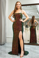 Load image into Gallery viewer, Green Mermaid Spaghetti Straps Sequin Prom Dress with Slit