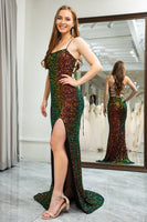 Load image into Gallery viewer, Green Mermaid Spaghetti Straps Sequin Prom Dress with Slit